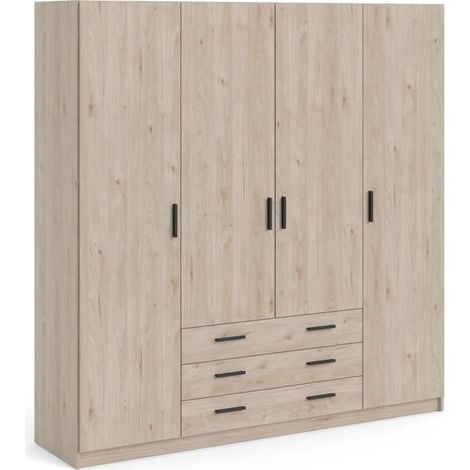 Armoire penderie 4 portes 3 tiroirs L196 cm – Structure en panneaux de particules – Glissières métalliques à billes – Charnières métalliques