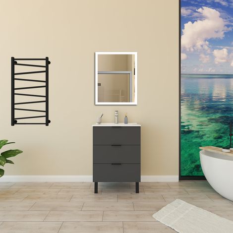 Aica Ensemble meuble de Salle de Bain 60cm avec Pieds, et blanc vasque en céramique, 3 tiroirs, Anthracite, Style Moderne