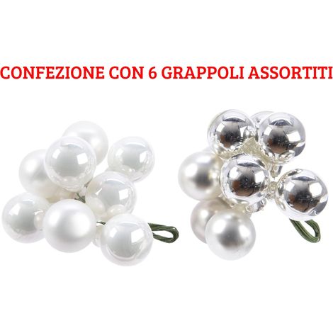6 DECORAZIONI APPENDIBILI 2CM ARGENTO/BIANCO INVERNO ASSORTITE