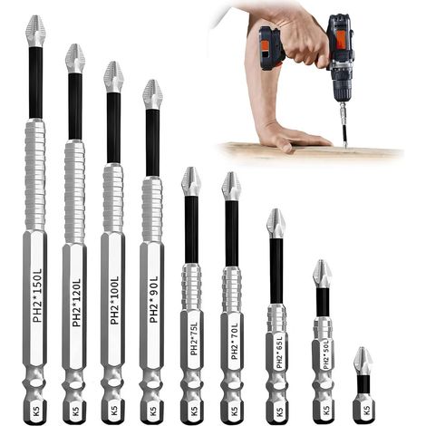 Set mit 9 stoßfesten magnetischen Schraubendreherbits, rutschfeste Phillips-Bits aus Chrom-Vanadium-Stahl für elektrische Bohrmaschinen (25 50 65 70 75 90 100 120 150 mm)