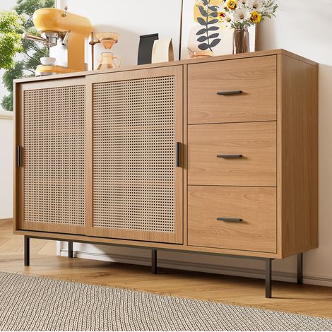 Aparador 140x37x91 cm natural en tablero de partículas con puertas correderas de ratán y 3 cajones (1/5)