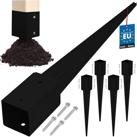 KOTARBAU® Base in acciaio per pali di ancoraggio a terra per pergole e gazebo, 81 x 81 x 750 mm, nera, set da 4