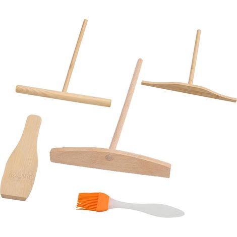 Spatules Crêpes Bois, Épandeur Poussoir Crêpe Râteau, Ensemble Retourneur de Crêpes et Etaleur de Pâte, Repartiteur de Crêpes Pancake Spatule, Outil d'épandage de Étaler Crêpes en Forme de T (1/5)