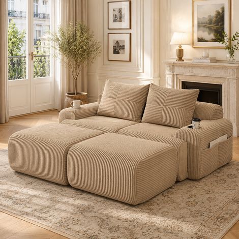 Canapé modulable velours côtelé 2 places 2 poufs combinable porte-gobelet poche rangement latérale salon séjour design moderne kaki (1/5)
