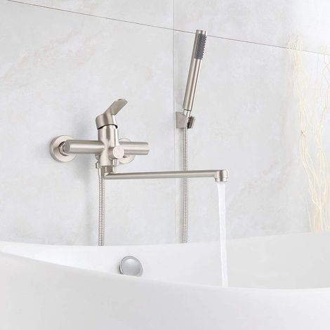 Robinet de Baignoire avec Douchette Mitigeur de Douche à Main Ronde Monocommande Mural en acier inoxydable brossé robinet de douche pour Salle de Bains（ Longueur de Sortie : 35 Cm）,AAFGVC (1/5)