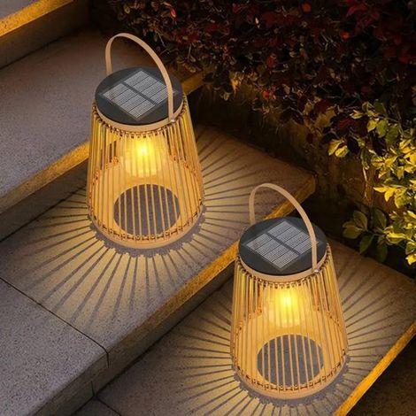Lot de 2 lanternes solaires d'extérieur, 14,2 x 18,5 cm, lanternes rondes en rotin pour le camping, la terrasse, le jardin, la véranda et comme décoration de jardin. (1/5)