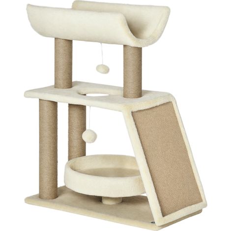 Arbre à chat salon 60 x 30 x 76 cm griffoir sisal plateforme confort design moderne en panneaux de particules brun clair (1/5)