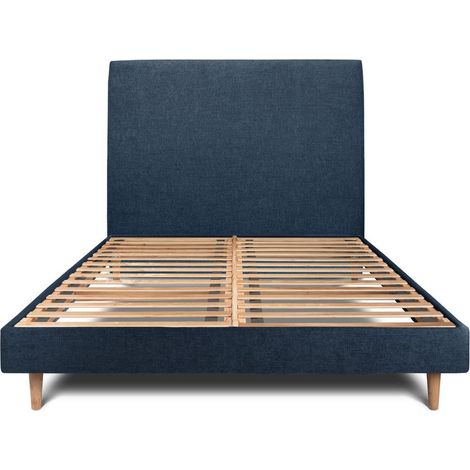 Lit 150x200cm avec tête de lit tapissier tissu et sommier kit Bleu - Hauteur totale : 29cm (1/5)