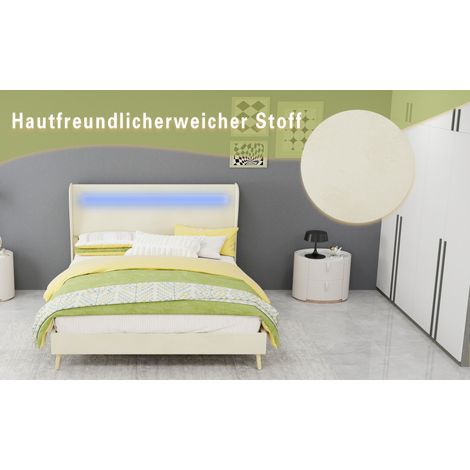 Lit tapissé 140/200 cm beige en tissu et métal à tête de lit réglable avec éclairage à diode (1/5)