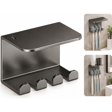 Porte-Brosses a Dents Magnetique Mural avec Gobelet a l'Envers Sans Percage Plastique Gris Arme 7 x 5 x 5 cm (1/5)