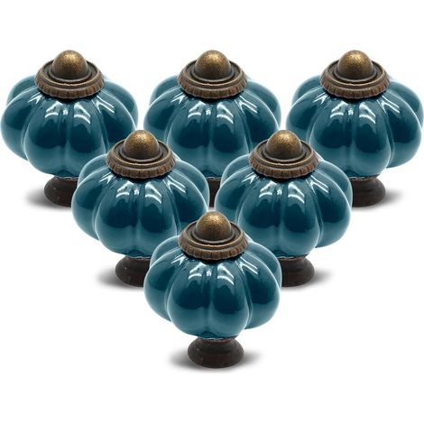 Tiradores de cerámica vintage con forma de calabaza para cómodas, cajones y armarios, 6 piezas, color azul pavo real. (1/5)