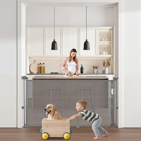 Barrière de sécurité rétractable pour chien extensible 140x87 cm en maille cadre renforcé pour escalier et couloir gris (1/5)