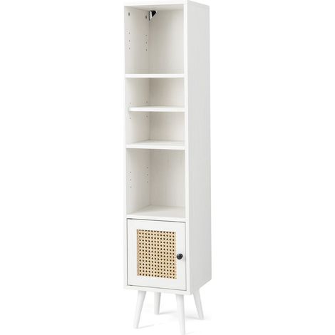 Mueble columna de almacenamiento estrecho 29,5 x 29,5 x 137 cm diseño boho con estante ajustable de madera maciza blanco 200012692