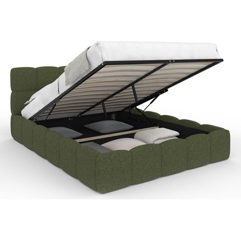 Idmarket – Lit coffre double NUAGE 140 x 190 cm – Tête de lit matelassée en bouclette vert kaki – Sommier relevable 24 lattes – Rangement intégré (1/5)