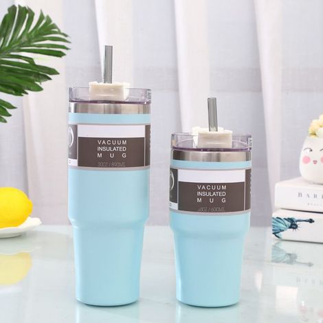 Grüner Isolierbecher (20 oz/600 ml), wiederverwendbarer Strohhalm, Macaron-Wasserflasche aus Edelstahl 304, hält Getränke heiß und kalt. (1/5)