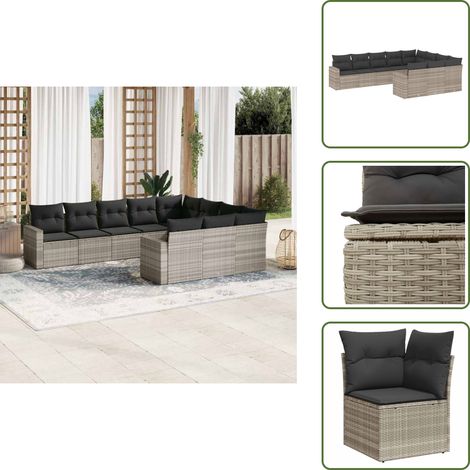 The Living Store 10-tlg. Garten-Sofagarnitur mit Kissen Hellgrau Poly Rattan - Gartensessel (1/5)