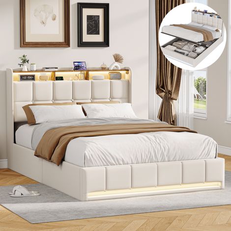 Lit coffre 140x200 cm avec rangement, Tête de lit capitonné avec éclairage LED et ports USB, Sommier à lattes, Tissu en lin, Beige (1/5)