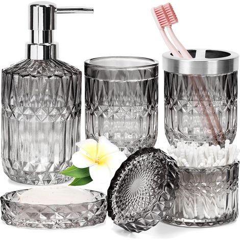 Lot de 5 accessoires de salle de bain, distributeur de savon en verre, porte-brosse à dents, gobelet, porte-savon et pot de rangement, décoration moderne pour salle de bain et cuisine pour maximiser (1/5)