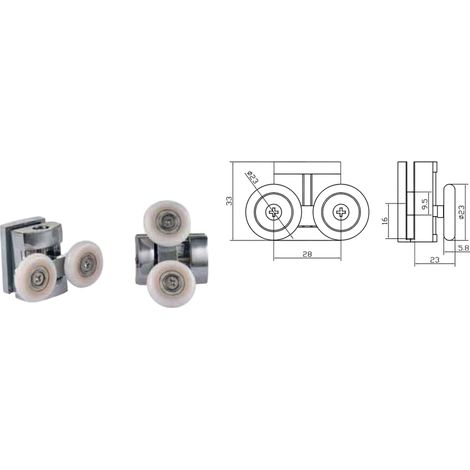 Coppia Cuscinetti Doppia Ruota Attacco Superiore Metallo Cromato Box Doccia – Ø23 mm – Foro 11 mm