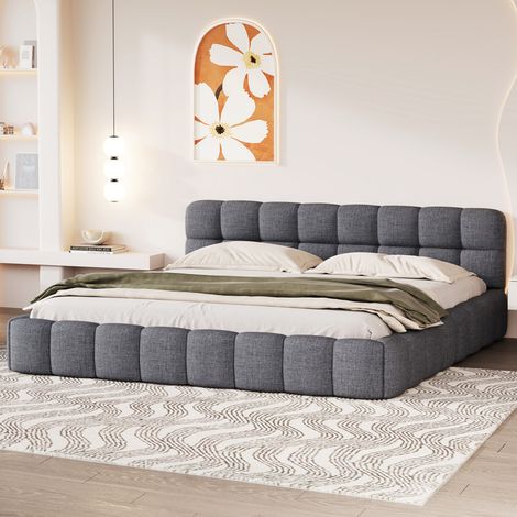 5ft King Size Bed Frame Avernest 150x200cm Grey Linen Upholstered Low Platform Bed with Tufted Headboard, Wood Slats 300kg (1/5)