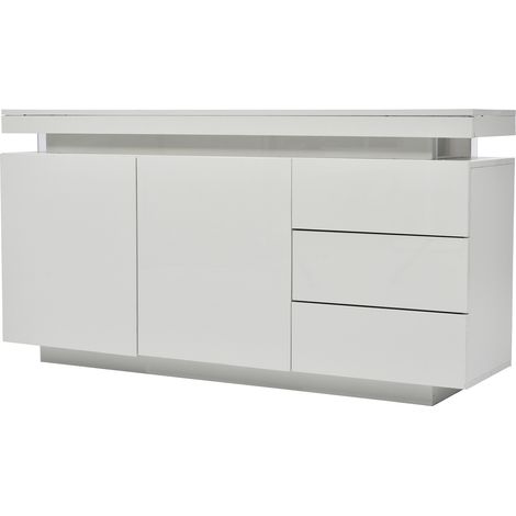 Moderne Hochglanz-Kommode weiß mit LED, 2 Türen, 3 Schubladen, 140 x 35 x 72,5 cm (1/5)