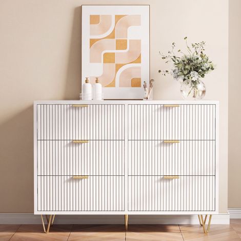 Commode 6 tiroirs, meuble de rangement, meuble bas chambre et salon, design strié, 100x34x73 cm, Blanc (1/5)