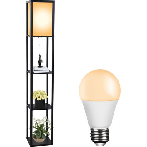 Puluomis – Lampadaire trépied en bois noir avec étagères – Douille E27 – Hauteur 160 cm – Ampoule LED 8W incluse – Éclairage chaleureux