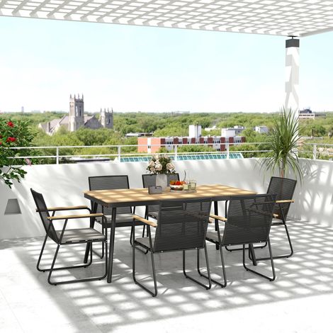 Juego de comedor de metal de 7 piezas para 6 personas, mesa de comedor con 6 sillas, juego de comedor, madera natural + negro (1/5)
