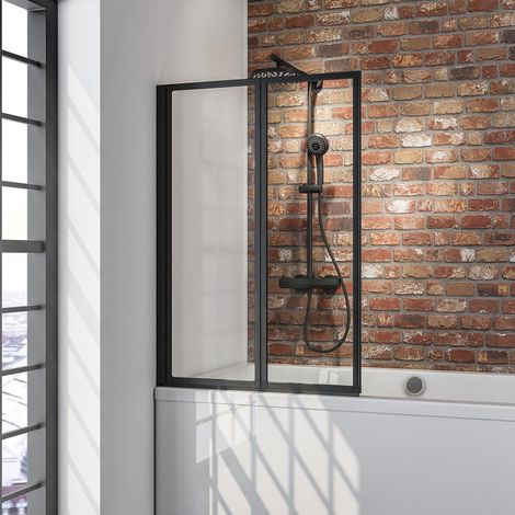 Schulte – Pare-baignoire pliant sans perçage – Écran de baignoire pivotant à coller – Verre 3 mm transparent – Profilé noir – 87 x 120 cm