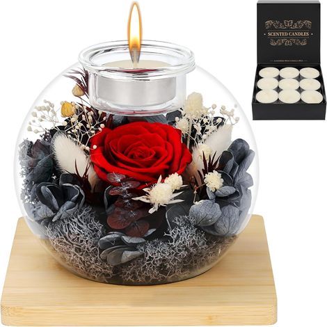 Rose Éternelle en Verre, Coffret Cadeau de Rose Préservée et Bougies Parfumées, Cadeau d'anniversaire Fête des Mères Saint-Valentin Noël pour Maman, Petite Amie, épouse, Femme (Rouge) (1/5)