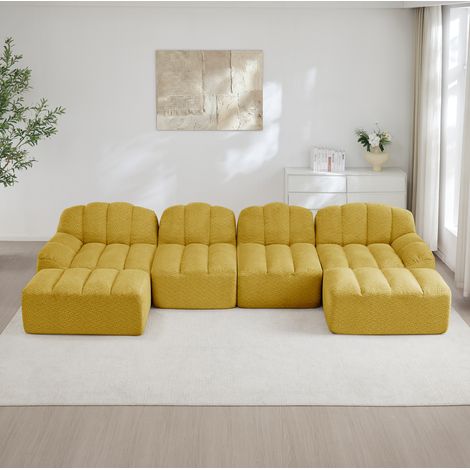 Modulares U-Sofa, 4-Sitzer, 366 × 165 × 79 cm, gelber Plüschstoff, 2 Ottomanen – MEUBLIV (1/5)