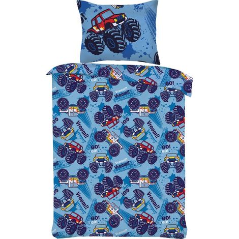 Housse de couette enfant - Parure de lit - Camion monstre - Vroum - Rouge - Bleu clair - 1 personne - 140 x 220 cm + 1 taie d'oreiller 60 x 70 cm (1/3)