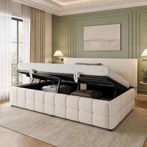 Cama con canapé 90x200 cm de terciopelo beige con almacenaje hidráulico - CHICFURN (1/5)