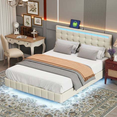 Lit 140x200 cm, lit adulte 140x200 cm, avec tête de lit LED à hauteur réglable, 2 USB, design suspendu, cadre de lit double, tissu de lin - gris (1/5)