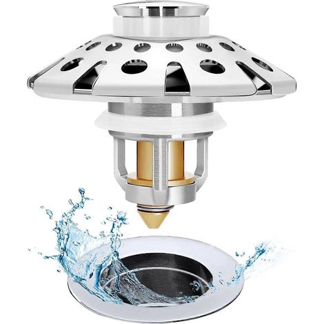 Bouchon de lavabo, couvercle de bonde escamotable avec récupérateur de cheveux, compatible avec les bondes de 2,8 à 4,2 cm (1,1 à 1,65 pouce), acier inoxydable chromé (1/5)