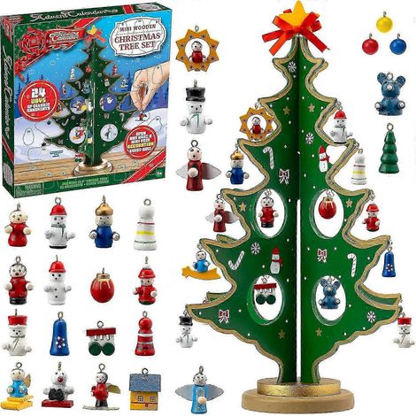 Calendrier de l'Avent de 24 jours avec sapin de Noël en bois à poser et 28 décorations : bonhomme de neige, Père Noël. (1/4)