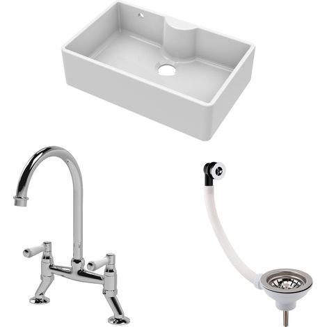 Fireclay Kitchen Bundle - 1 Bowl Butler Sink with Overflow & Ledge, Waste & Bridge Mixer Tap, 795mm - Chrome