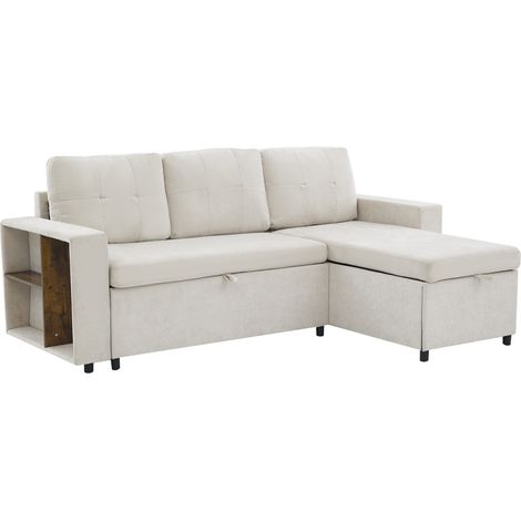 Canapé d'angle convertible en L avec rangement, revêtement en chenille beige, 202x136x85 cm, montage réversible (1/5)