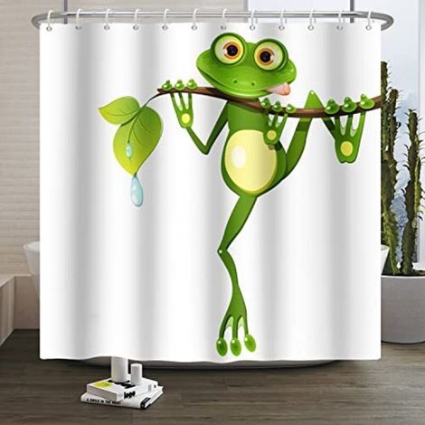 180 x 200 cm Niedlicher Cartoon-Frosch-Duschvorhang, kleiner Frosch auf einem Baum, der sich mit grünen Blättern verzweigt, sommerweißer Badewannenvorhang für Kinderbadezimmer, Polyester mit Haken