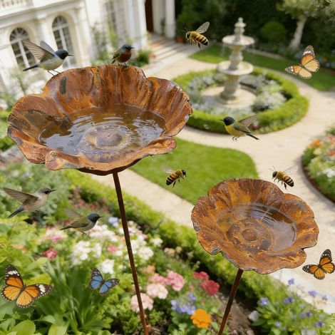 Lot de 2 mangeoires à oiseaux en métal rouillé – Décor vintage – Abreuvoirs pour oiseaux – Piquets de jardin 67 cm – Plateau 13,5 cm