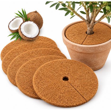 Relaxdays stuoia di cocco rotonda, set da 5, protezione invernale e antigelo per piante, ø 30 cm, foro e fessura (1/5)
