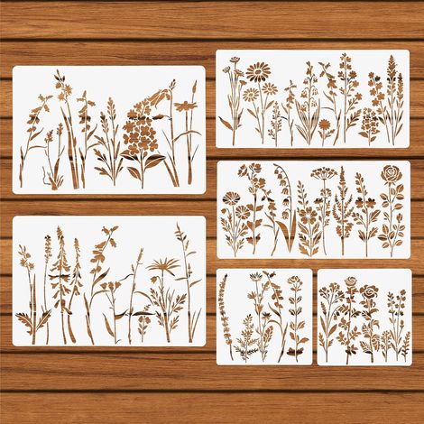 6pcs Pochoirs à Fleurs, Grands Pochoirs à Fleurs Sauvages Travaux Manuels Modèle Réutilisable pour Peindre sur des Murs de Clôture en Bois Motifs Végétaux pour Tissu Toile Sol (1/5)