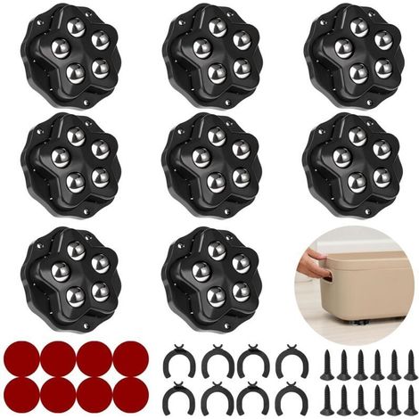 Mini roulettes pour meubles. 8 roues à 5 billes chacune, capacité de charge de 300 kg, avec adhésif et vis. Roulettes pivotantes universelles à 360°, robustes (8 pièces, noires).