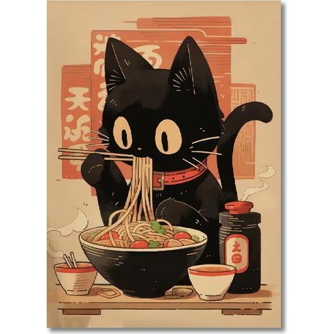 Este cuadro representa a un gato negro comiendo ramen ideal para decorar cocinas, hogares y dormitorios 40x60 cm, sin marco. (1/5)