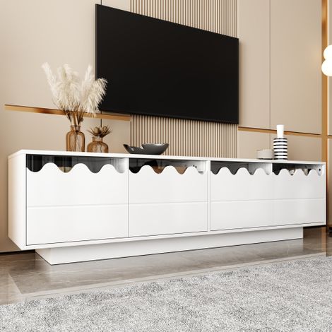 Meuble TV 170 cm blanc avec 4 portes et design ondulé, rangement élégant pour salon, 170x40x45 cm (1/5)