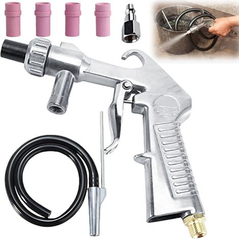Pistolet de sablage à air comprimé, appareil de sablage avec tuyau en caoutchouc (1 m), buse en métal et 4 buses en céramique, un raccord d'air, pistolet de sablage pour projets professionnels et de (1/5)