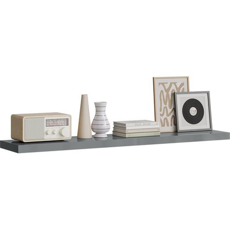 WOLTU 1x Wandregal, Schweberegal MDF Wandboard mit Metallhalterung, für Küche Badezimmer Wohnzimmer Schlafzimmer, 120x22,9x3,8 cm, Hochglänzend Grau
