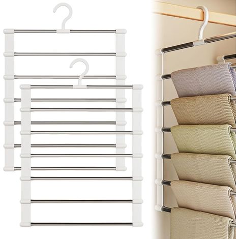 Lot de 2 Cintre Pantalon 6 en 1 Ceintre Pantalon Multiples Porte-Pantalons Gain de Place Cintres Pantalons en Acier Inoxydable pour Suspendre Jeans Jupes Vêtements Écharpes Vêtements (1/5)