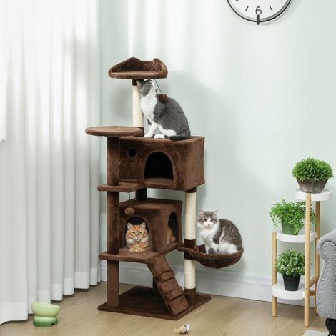 Árbol Rascador para Gatos 140 cm con Plataformas Cama 2 Cuevas Hamaca Escalera Postes de Sisal Marrón (1/5)
