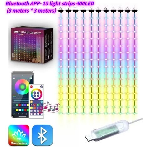 Rideau lumineux intelligent RGBIC, télécommande 3M x 3M et contrôle APP, rideau lumineux 400 LED pour fond de patio de chambre à coucher (1/5)